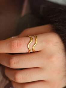 Anillo abierto de doble capa elegante para mujeres - Pieza de declaración ajustable y elegante, perfecta para uso diario, vacaciones o regalo del Día de San Valentín, acero inoxidable con diseño asimétrico único
