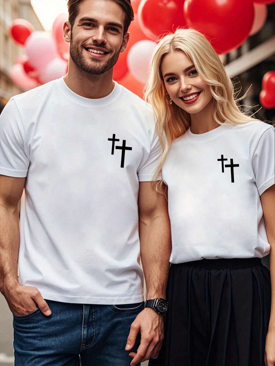 Couple Outfit Single Piece Unisex Printed T-Shirt - Circuit Board And Heart Pattern Valentine's Day Christmas Gift Casual Round Neck Short Sleeve Machine Washable Suitable For All Seasons Preferred By Tech Enthusiast Couples (Ideal Couple Style), Skin-Friendly Comfortable Wrinkle-Resistant T-Shirt - 男款2 - 查看 1