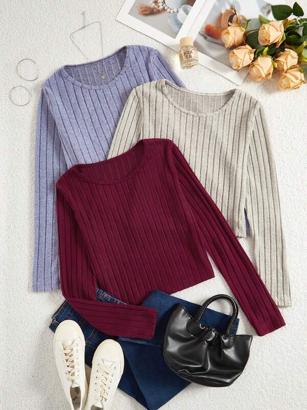 3pcs Women Ribbed Long Sleeve Casual Brushed Pajama Top, Winter Clothes