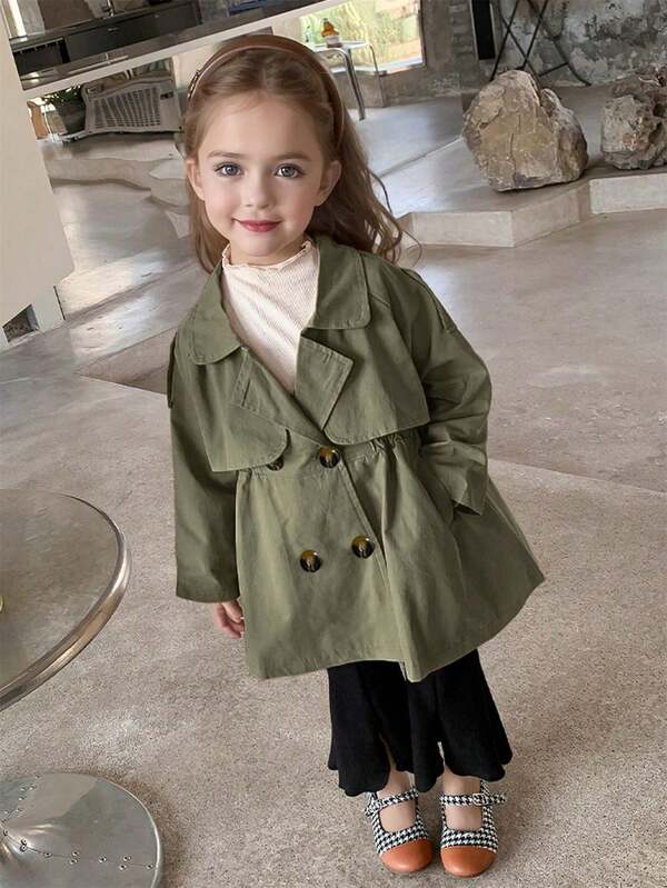 Girls' Double-Breasted Trench Coat, British Style Mid-Length Windbreaker, Versatile Children Outerwear, Spring Autumn Winter