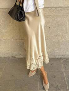 Lace Satin Maxi Skirts For Women Casual Elegant Fall A Line Elastic Waist High Rise Silk Midi Skirt With Lace Patchwork Y2k Aesthetic Going Out Skirt Party Club Streetwear - Rượu sâm banh - Xem 1