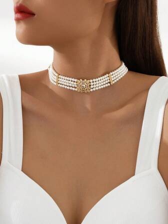 1 pieza Elegante collar corto tipo gargantilla con incrustaciones de latón y circonita cúbica, con perla falsa, collar de lujo multicapa, regalo para el cumpleaños de la mejor amiga