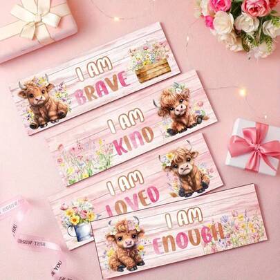 4pcs 2D Wooden Highland Cow Wall Decor, Pink Cow Floral Watercolor "Someone Loves You" Wooden Decoration, Suitable For Home Bedroom/Living Room/Game Room Hanging Decoration, 2D Flat