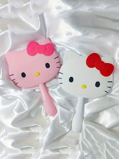 1pc Hello Kitty Handheld Mini Makeup Mirror, 5.51 Inch Cute Cartoon Design, Portable Long Handle Travel Mirror, Convenient For Makeup Anytime, Anywhere