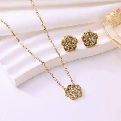18K Gold Plated Stainless Steel Diamond Flower Necklace & Earrings Set, Luxury Gift For Girlfriend Anniversary