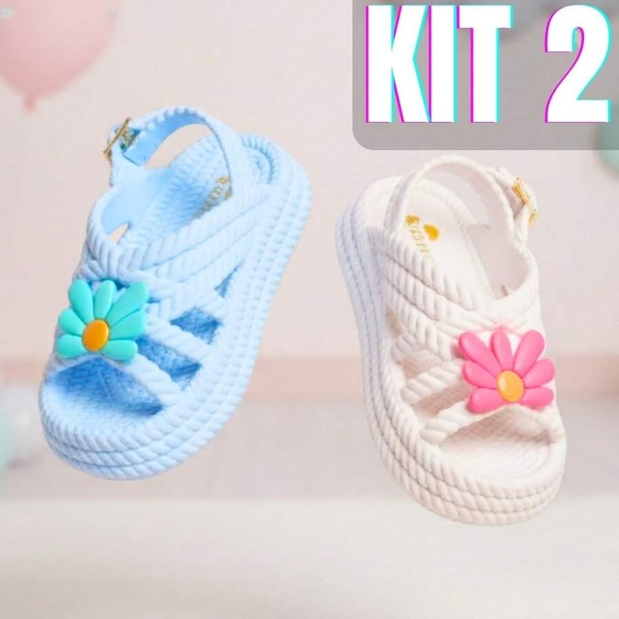 Kit Of 2 Pairs Of Girls' Daisy Sandals, Lightweight And Comfortable, Braided School Shoes - 藍色+白色 - 查看 1