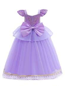 紫色优雅网纱亮片短袖连衣裙，配有皇冠、魔法棒、项链、手链、耳环、戒指、手套等配饰套装，适合外出、派对、生日、演出及其他活动。 - 淡紫色 - 查看 5