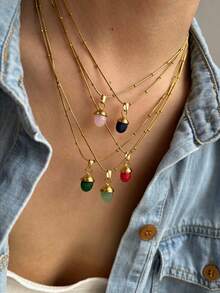 1pc Fashionable Stainless Steel Flat Oval Colorful Mini Stone 18k Gold Waterproof Versatile Women Necklace