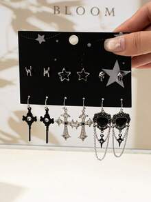 6 Pairs Gothic Demon Eye, Star, Skull, Cross, Heart Tassel Earrings Set, Versatile Design For Party, Halloween