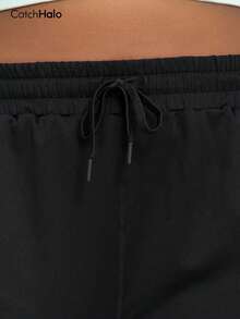 Plus Size Women Loose Drawstring Waist Pockets Sports Pants, Pure Black, Casual Sporty Style (2025 Autumn/Winter Yoga & Fitness Leggings) - Black - View 10