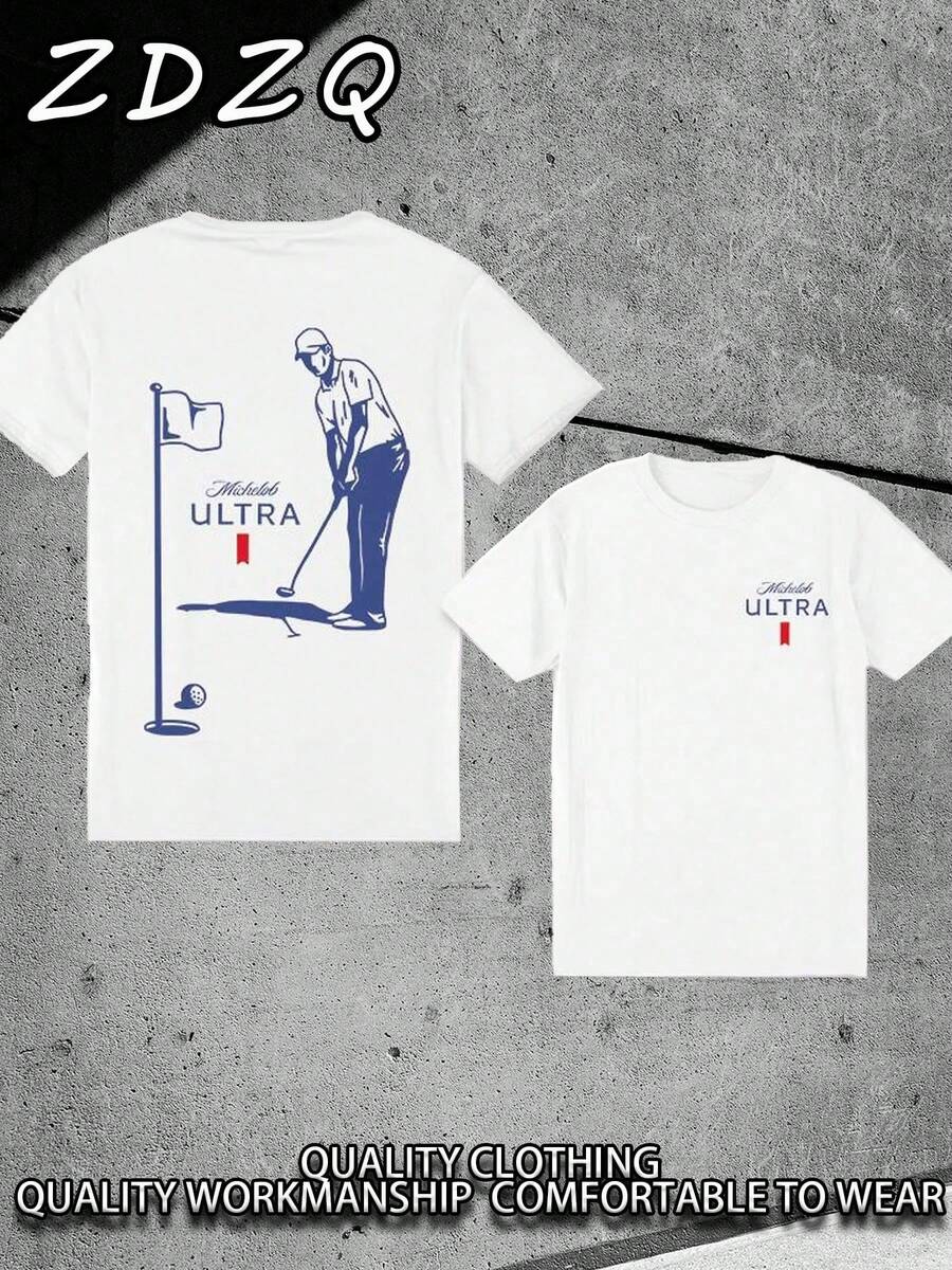 Golf Michelob ULTRA  180 Cotton T-Shirt) Men's Round Neck And Short Sleeves, Casual Cotton, Casual Fashion, Suitable For Indoor And Outdoor Wear And Holiday Gifts - 白色 - 查看 1