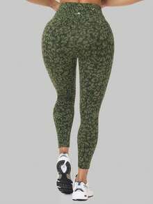 Women's High Waisted Yoga Sports Leggings, Fashionable Women's Sports Leggings, Sports Pants. Back Waist Pocket Design, Sporty Tie Dye High Waisted Sports Leggings, Suitable For Yoga Women's Pants - 軍綠色 - 查看 5