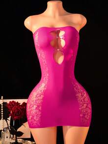 1 Peça Vestido Mini Transparente Sexy Feminino com Ombros Vazados, Brilho e Strass, Camisola Sexy Sem Alças, Adequado para Festa, Noite e Saída - Rosa chiclete - Visão 3