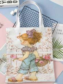 Bolso de tela con impresión de niña de dibujos animados vintage a doble cara, bolso de compras con estampado de flores, estilo bohemio y académico, ideal para regalos de Otoño, Acción de Gracias y Pascua, adecuado para uso diario, picnics, vacaciones en la playa, trabajo y escuela, 16in*14in
