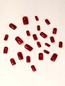 24pcs Y2K Aesthetic Blood-Red Crystal Cat Eye Square Shaped Press On False Nails, Acrylic Full Cover Nails For Women, Suitable For Party & Daily Wear Nail Supplies - 酒紅色 - 查看 4