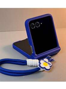 可爱克莱因蓝色便携式花朵花绳纯色手机壳适用于三星 Galaxy ZFlip7 6 Flip5 Flip6 Z Flip4 3 铰链保护套 - 藍色 - 查看 5