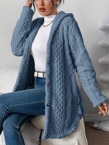 Autumn-Winter Warm Fashion Jacquard Plush Hooded Cardigan Coat Women'S Casual Daily Side Button Open Design Versatile Fuzzy Jacket  Active Wear Women   Summer  Gym Mujer  Gym Mujer  Workout Clothes For Women  Sweatshirts For Women  Women's All Season Clothes Women's Spring Clothes Women's Summer Clothes Women's Year Round Outfits Spring Fashion For Women Summer Fashion For Women - 藍色 - 查看 4
