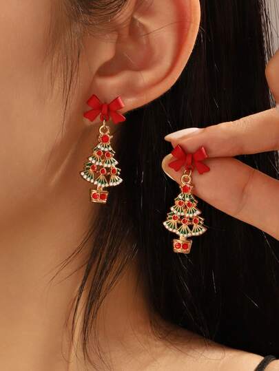 1 对圣诞红色蝴蝶结和圣诞树可爱女士耳环