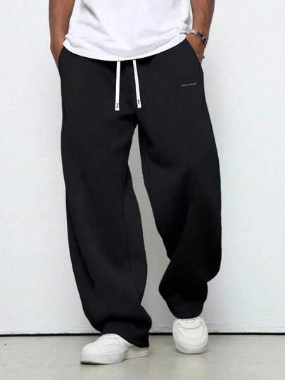 Men's Knitted Drawstring Loose Straight Wide Leg Sweatpants, Suitable For Spring, Autumn, Workout, Running, Gym, Outdoor, Casual, Letter Logo, Versatile
