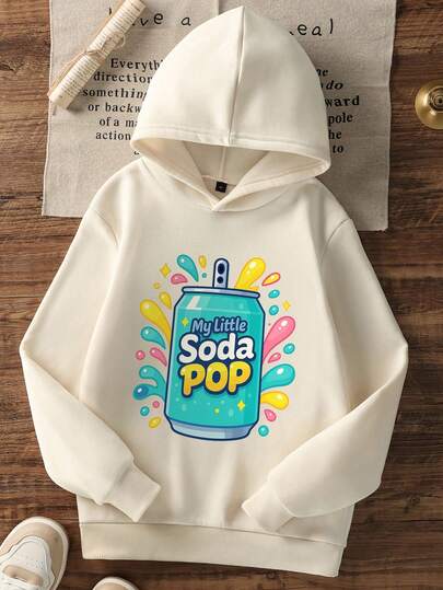 1pc Girls Casual Printed Pullover Hoodie Sweatshirt, Thermal Lined, Long Sleeve, Autumn/Winter