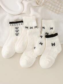 5 Pairs Of Children's Socks, Bow Diamond Checker Square Checker Pattern Girls Four Seasons Style Cute Casual Elegant Style Of Daily Travel To School Can Wear Children's Mid-Tube Socks. - Multicolor - View 4