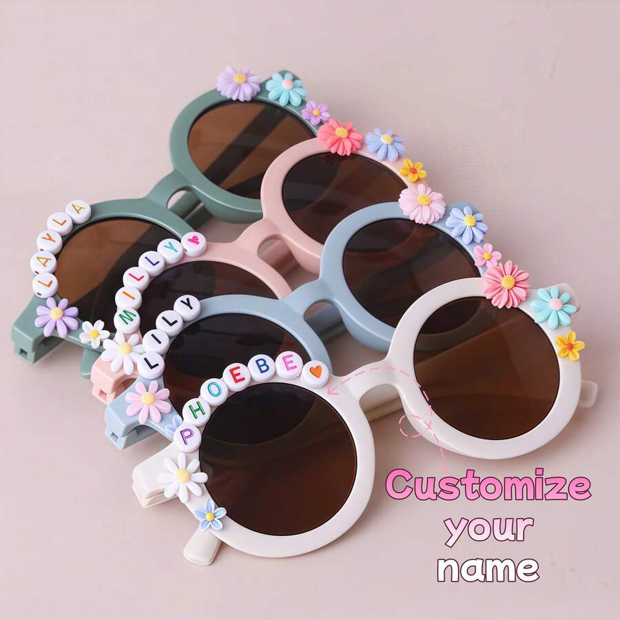 1pc Personalized Name Daisy Flower Glasses, Customizable Letter Color, Cute Glasses, Gift For Girls, Suitable For Daily & Holiday Wear (Flower Color Randomly Assorted) ,2000s Style, Birthday Gift - Multicolor - View 1