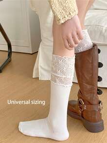 Women's Solid Color Calf Socks With Lace Trim, Layered Ballet Style, Thin For Spring/Summer, Suitable For Tall Boots - Multicolor - View 9