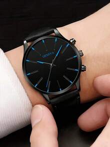 4pcs Men's Gift Set, Minimalist Scale Leather Quartz Watch, Arrow Pendant Necklace, Bracelet, Ring Set, With Round Dial And Synthetic PU Leather Strap, Suitable For Business Occasions, Birthday Gift - Black - View 5