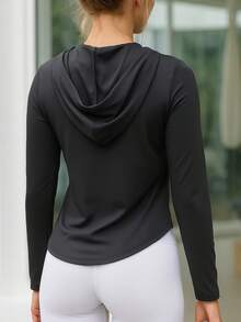 Women's Hooded T-Shirt, Breathable & Comfortable, Suitable For Gym, Running, Yoga, Training, Travel And Daily Wear, Multi-Scenario Sporty Style To Showcase Healthy Vitality And Confidence - Black - View 3