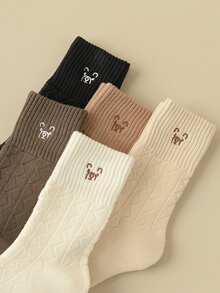 1/5 双女式卡通熊菱形图案保暖内衬舒适休闲中筒袜 - 彩色 - 查看 3