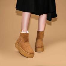 SuperG Women's Platform Furry Ankle Winter Boots Warm Soft Plush Lined Fabric Upper Casual Slip On Fashion Snow Booties - 駝色 - 查看 4