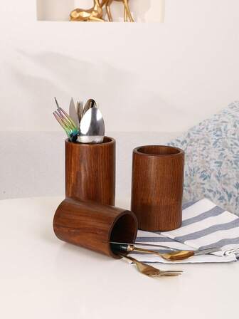 1pc Wooden Utensil Holder, Premium Solid Wood Kitchen Tool Storage Organizer