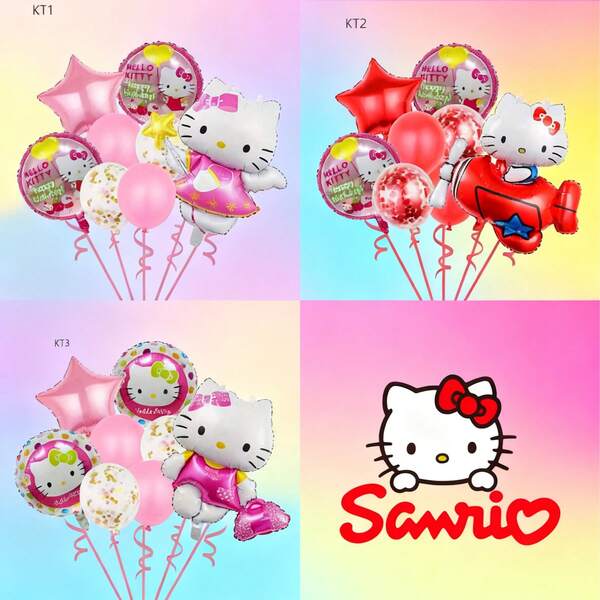 مجموعة بالونات ألومنيوم مطبوع عليها هالو كيتي 8 قطع من سانريو، ديكور لحفلة عيد الميلاد الأول بشخصية القطة الكرتونية الشهيرة
