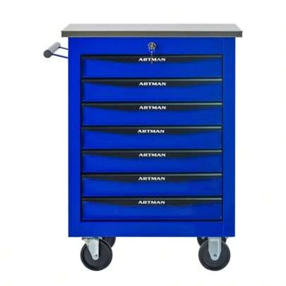 7 Drawers Multifunctional Tool Trolley With Wheels, Metal Rolling Tool Cart Storage For Garage Workshop Warehouse Repair Shop-With Stainless Steel Roof-Black & Blue(BLACK&BLUE