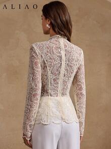 Sedessea Gorgeous Paisley Embroider Mesh Splicing See Through Long-Sleeved Top, Wedding Season, Valentine's Day, White Party Event, Old Money Style, Court Style, Eye-Catching, Elegant Everyday, Autumn Winter - Apricot - View 7