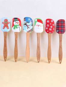 1pc Christmas Silicone Scraper, Christmas Scraper Set, Christmas Kitchen Tool, With Wooden Handle, Christmas Cake Decorating Scraper, For Cooking Baking Mixing Butter Cream - Multicolor - View 3