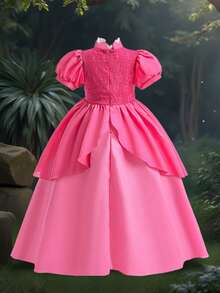 少女泡泡袖蕾丝刺绣网纱缎面长款优雅舞会礼服，适合舞会、生日派对等场合，不含头饰 - 玫紅色 - 查看 2