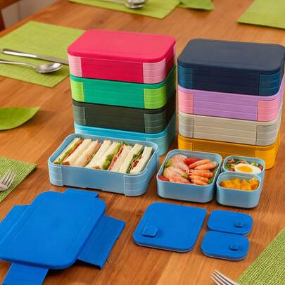 1 件创意简约纯色条纹隔热便当盒，方形，带 PP 餐具套装，多色可选，高品质防漏设计，适用于工作、日托、学校和旅行食品储存容器，可保持三明治、水果、零食和沙拉新鲜