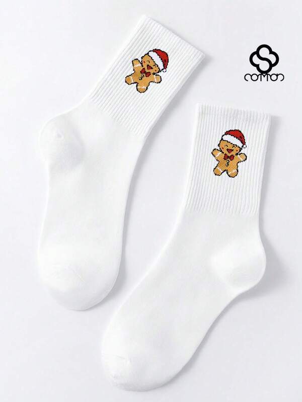 1/2 Paio di Calzini Natalizi da Donna/Coppia con Righe Rosse e Verdi, Motivi di Cappello di Babbo Natale e Omini di Pan di Zenzero, Calzini Casual e Comodi, Adatti per Outfit Natalizi, Feste di Natale, Regali e Abbigliamento Casual, Disponibili in Più Set