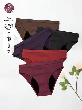 Paquete de 5 bragas menstruales de unicolor, absorbentes y a prueba de fugas para mujeres, con alta elasticidad, cómodas y transpirables