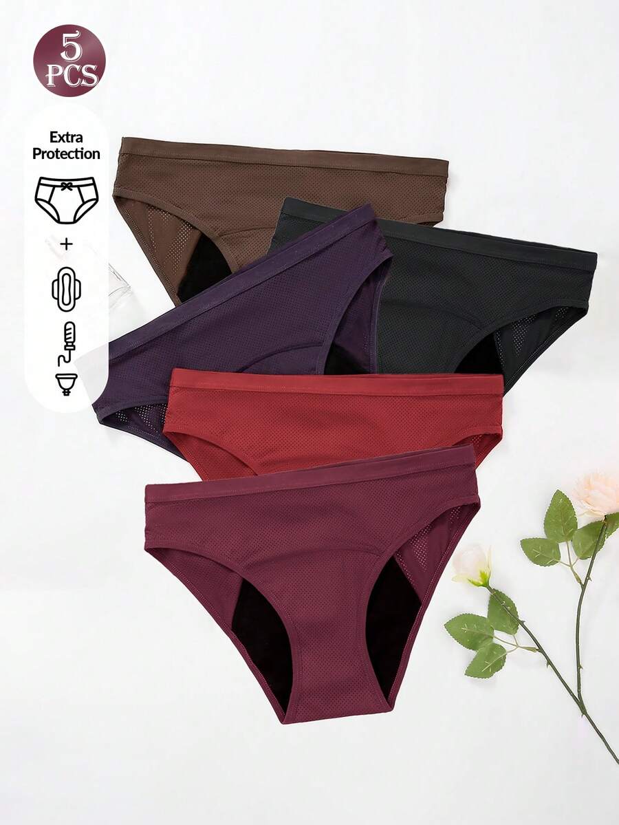5pcs/Pack Women's Solid Color Absorbent Leak-Proof Period Panties, High Elasticity Comfortable Breathable Menstrual Underwear