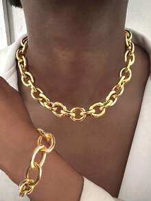 2pcs Vintage Fashionable Exaggerated Hip-Hop Style Metal Hollow Geometric Chain Necklace & Bracelet 2-In-1 Gold Jewelry Set, Minimalist Punk Street Style Layered Choker Necklace, Suitable For Parties, Dates, Holidays, Gifts