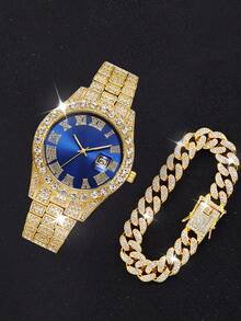 Hip Hop Chain Set, Unisex Fashion Watch, Necklace And Bracelet Set, Holiday Gift For Father - 金色 - 查看 5