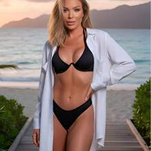 Beach Cover-Up Long Sleeve With Pocket Button Closure Beachwear Chemise Casual Sexy Boho Vacation Beachwear Beach Holiday Vacation Bachelorette Party Travel Spring-Summer - 白色 - 查看 4
