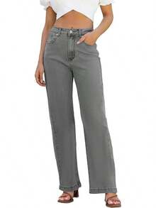 Jeans High Waisted Straight Leg Loose Jeanshalloween - Abu-abu - View 12
