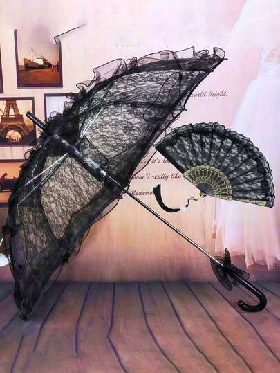 One Piece Bridal Black Lace Umbrella European Romantic Princess Umbrella Wedding Bridal Umbrella Suitable For Wedding Holiday Party Dance Props Gothic Lace Umbrella & Fan Set - Elegant Black Wedding & Halloween Costume Accessory With Intricate Floral Patterns, Perfect For Bridal Showers, Photo Shoots, And Themed Events, Wedding Accessories, Themed Event Accessory, Princess Theme Decor, No Electricity Needed