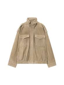 优雅女士麂皮夹克，长袖，翻领，带口袋，拉链，女士外套，时尚复古，高街品牌 - 卡其色 - 查看 7