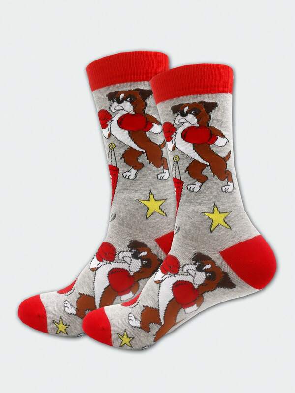 1 Pair Women's Pet Dog Animal Graphic Mid-Calf Socks, Cute Dog Design, Autumn/Winter Mid-Calf Socks