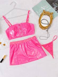 3pcs Sexy Lingerie Set, Includes Chest Strap Bra, Suspender Mini Skirt, And G-String - Pink - View 6