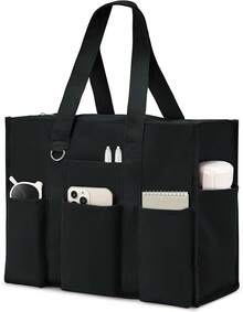 Large Tote Bag Women Waterproof With 12 Pockets Top Zipper Close Utility Bags Work School, Style - 黑色 - 查看 9